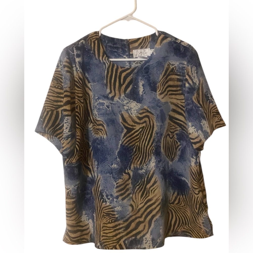 Vintage Kathy Che Animal Print Blouse Women's Large Multicolor Career Casual Y2K